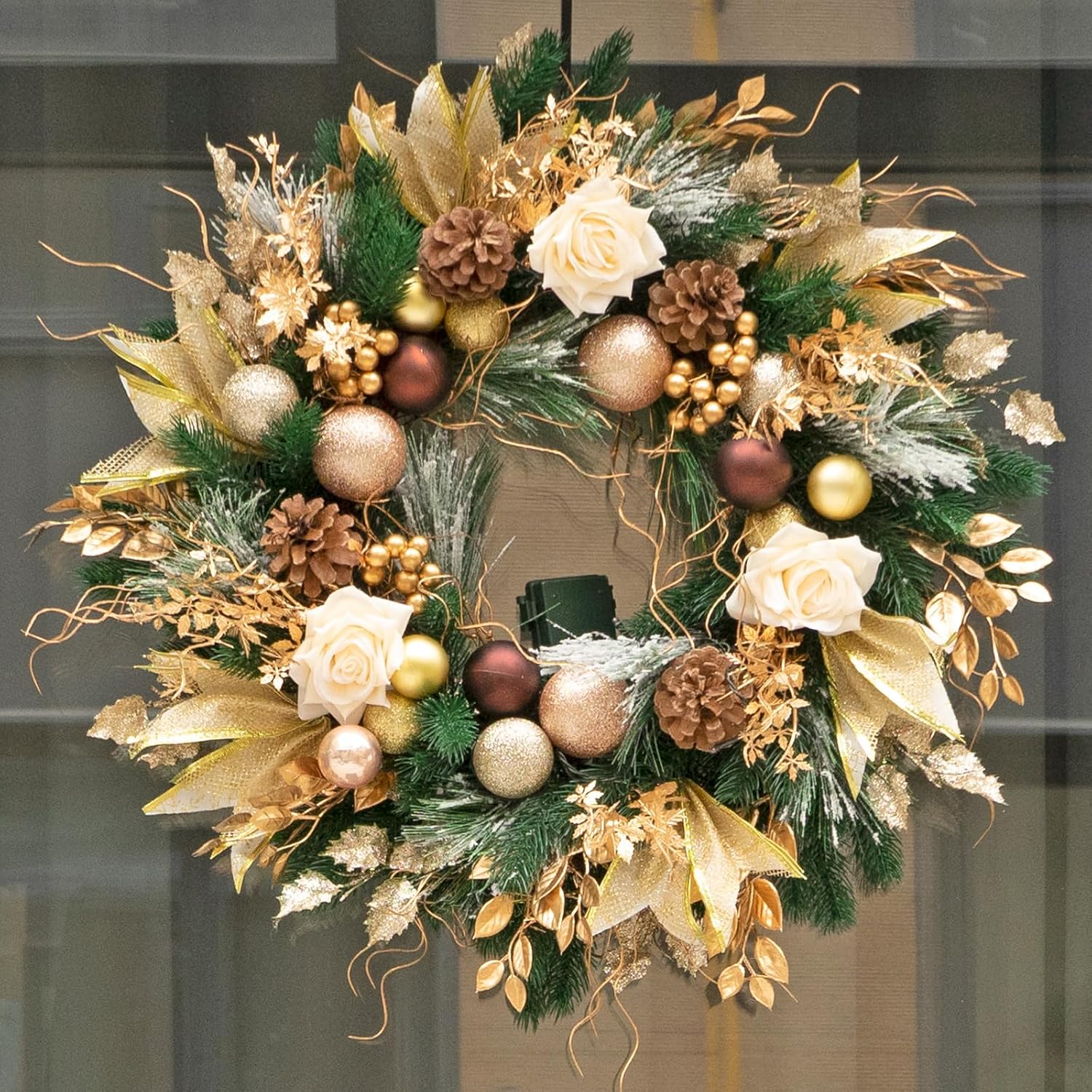 Christmas Wreaths for Front Door with Lights Pre-Lit 24 Inch Champagne Gold Door Wreath with Ball Ornaments, Rose Battery Operated Holiday Thanksgiving Christmas Wreath Decor