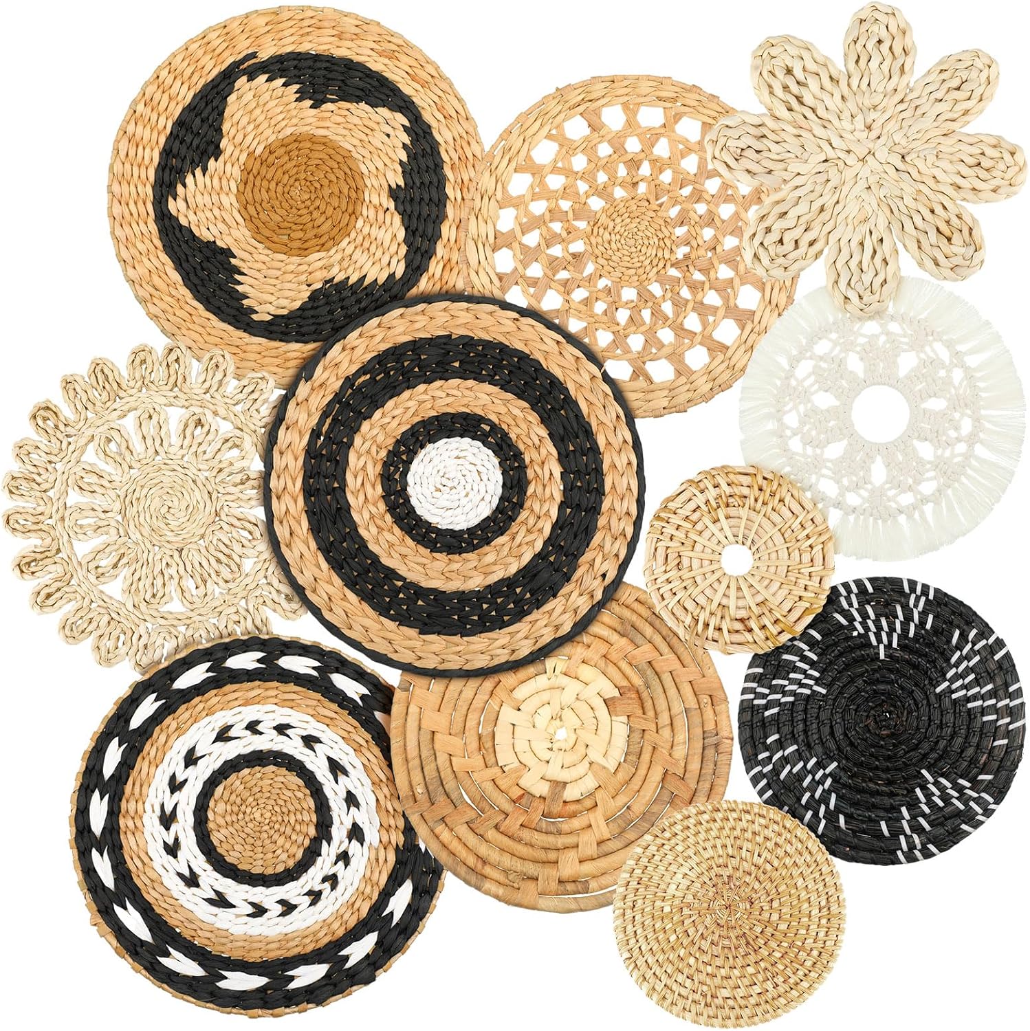 Tatuo 11 Pcs Boho Wall Basket Decor Decorative Bulrush Woven Basket Wall Decor Art Round Farmhouse Hanging Baskets for Kitchen Rustic Home Summer Decorations, Multi Sizes(Vivid)