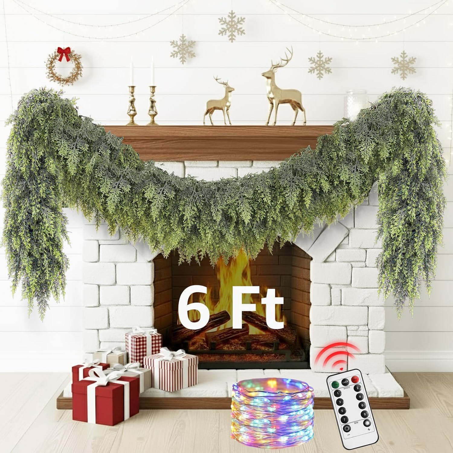 Cedar Christmas Garland with Lights for Mantle - 2 Pack Decorations 9ft Realistic Lighted Faux Pine Garlands for Xmas Home Decoration Indoor Stairs Railing Fireplace Outdoor Prelit Garland Door Decor