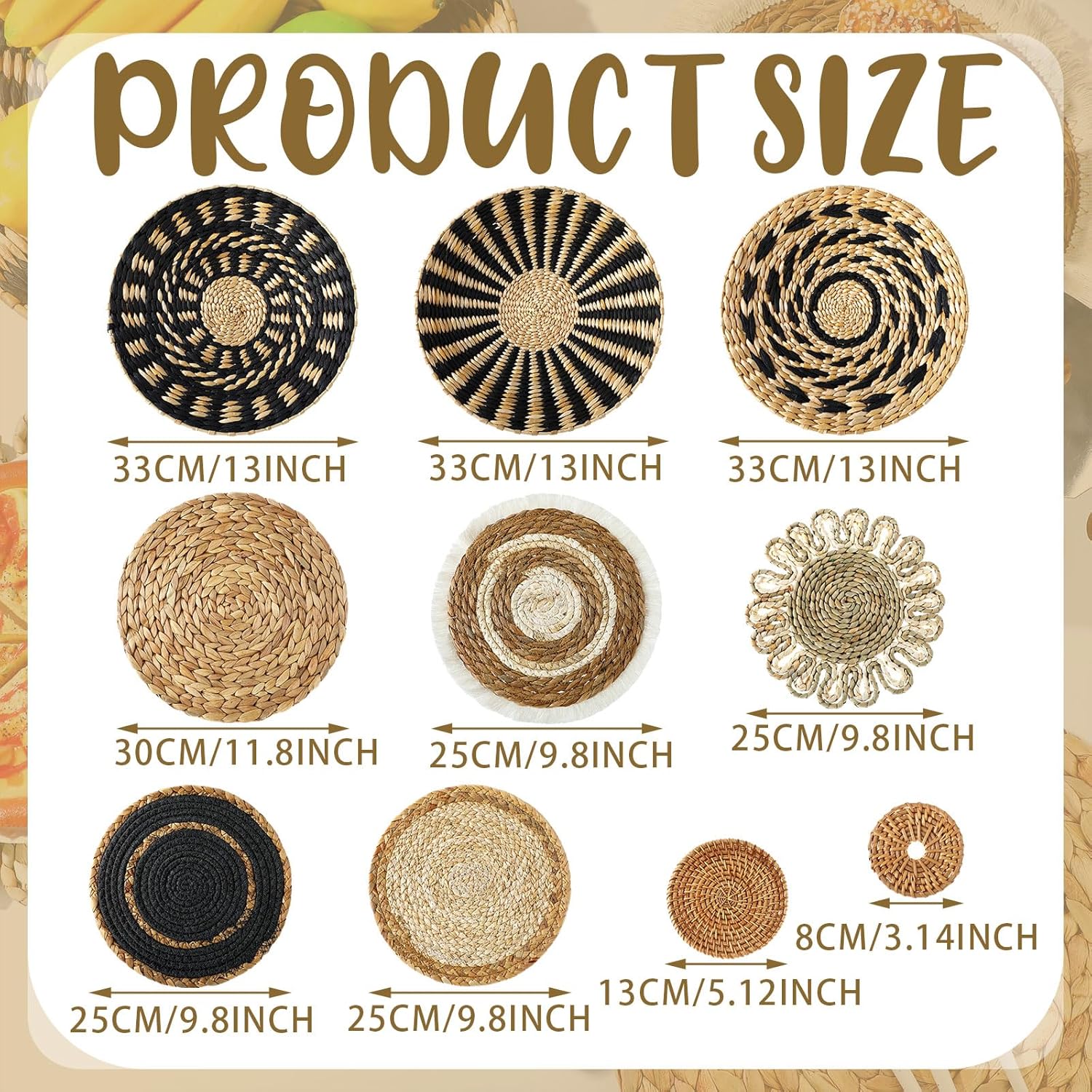 11 Pcs Boho Hanging Wall Basket Decor Handmade Woven Basket Wall Decorative Boho Wicker Baskets Placemats Round Farmhouse Bulrush Art for Rustic Home Decorations Christmas Gift(Assorted)