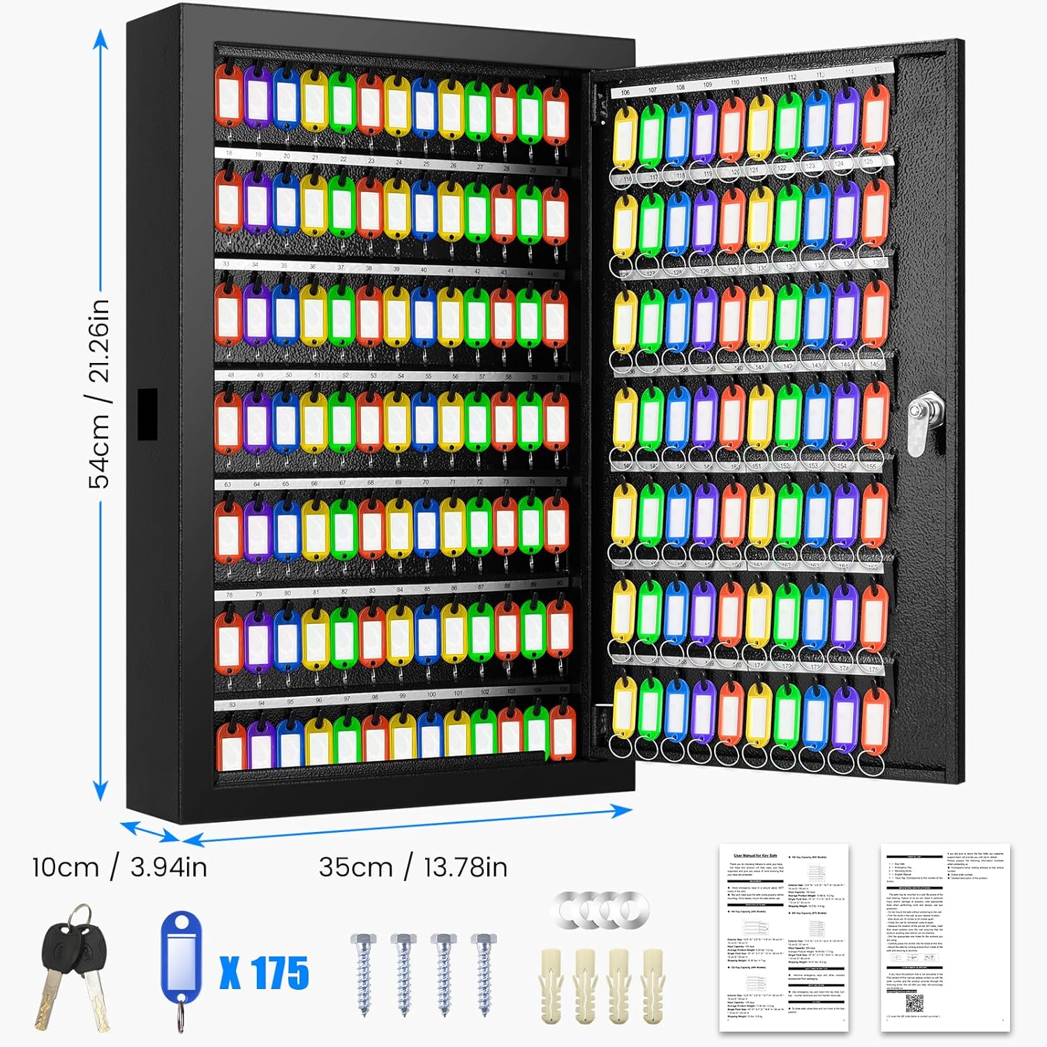 175 Keys Key Lock Box, Anti-Theft Key Cabinet with Key Tags, Key Organizer Wall Mount for Car Garage House Rental Office Business