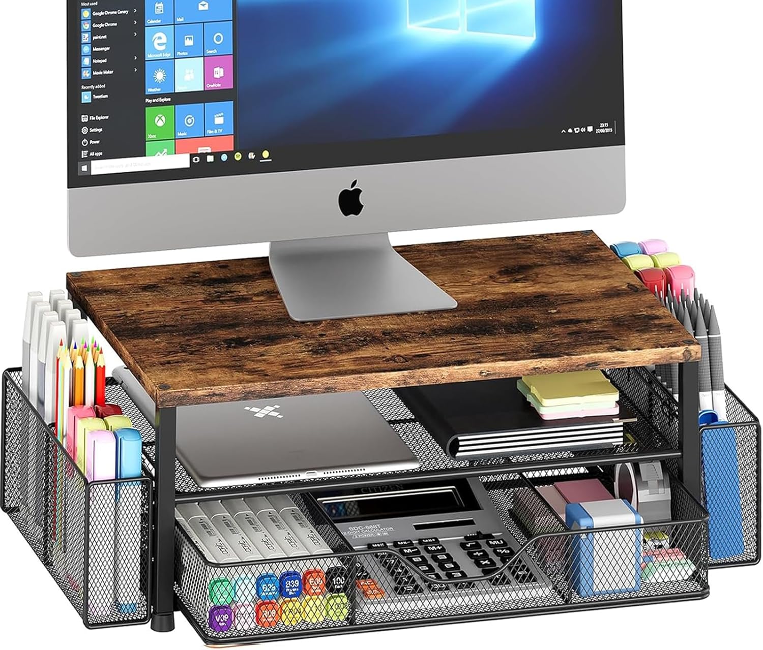 OPNICE Desk Organizer and Accessories, 2-Tier Computer Monitor Stand Riser with Drawer and 2 Pen Holders, Laptop Stand, Office Desk Accessories for Office Supplies, Black 2-Pack