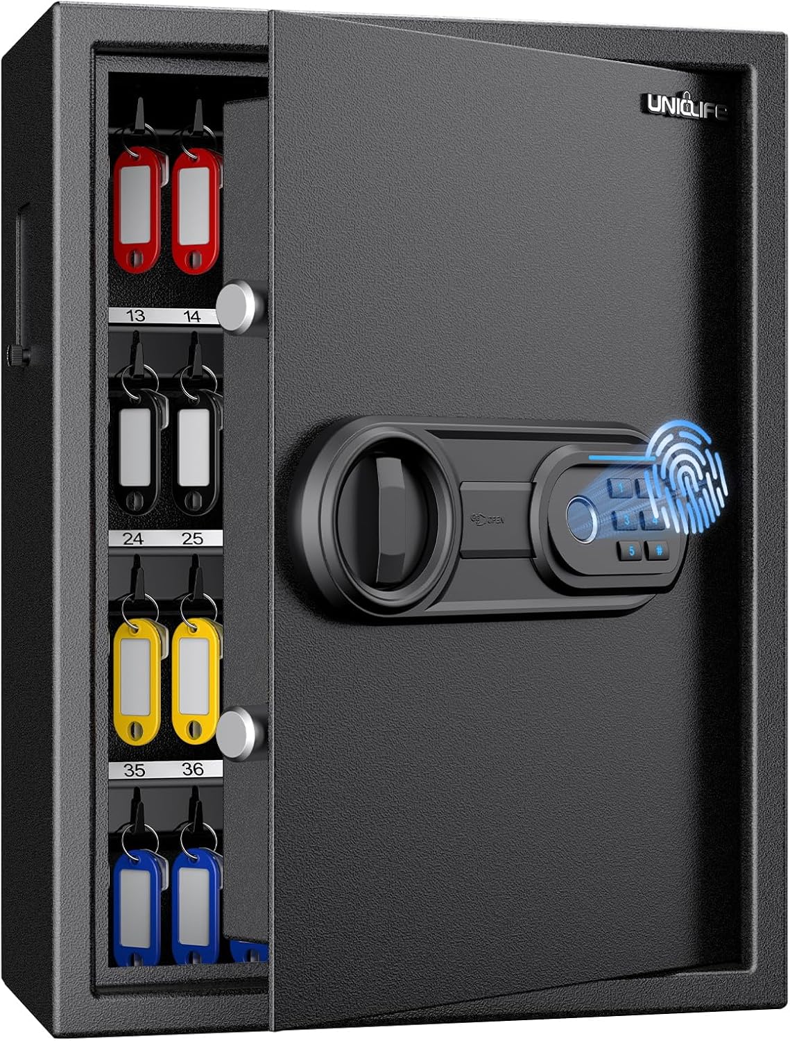 Uniclife 70 Position Key Cabinet with Combination & Key Lock Wall Mounted Security Keys Safe Key Organizer Resettable Black Digital with Keypad Lock Adjustable Racks Colorful Key Tags & Permanent Pen