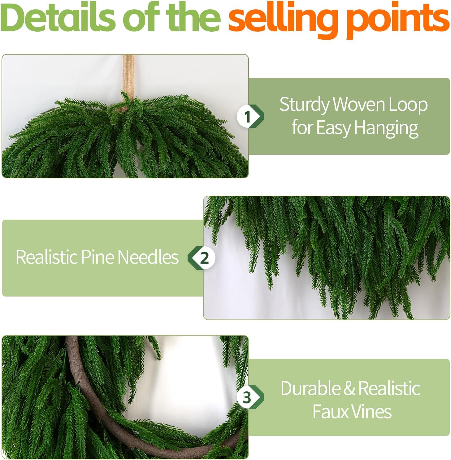 24" Norfolk Pine Christmas Wreath for Front Door – Large Artificial Greenery Wreath for Wall, Porch, or Indoor Outdoor Holiday Decor – Real Touch Pine Foliage (1, 24")