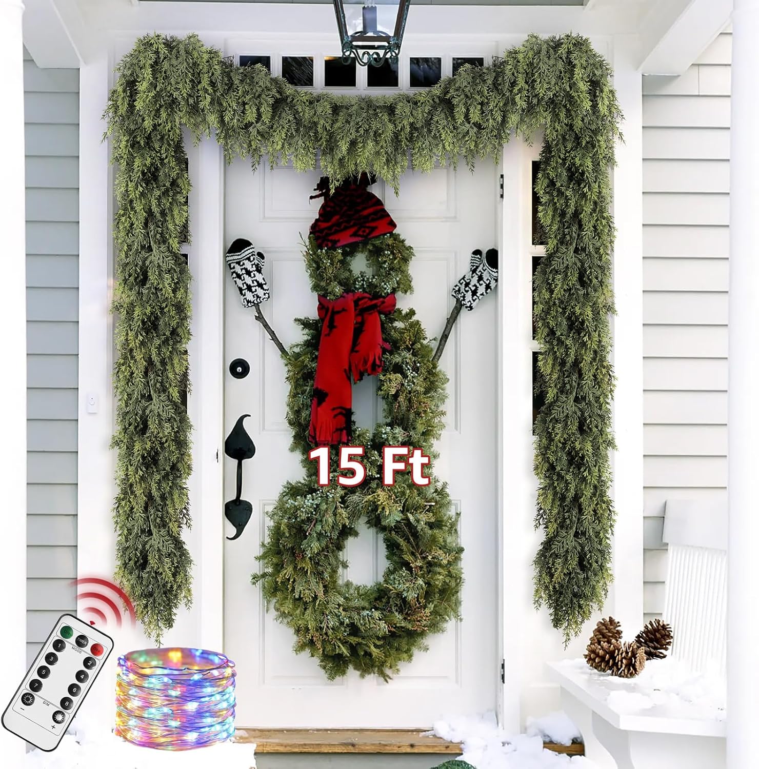 Cedar Christmas Garland with Lights for Mantle - 2 Pack Decorations 9ft Realistic Lighted Faux Pine Garlands for Xmas Home Decoration Indoor Stairs Railing Fireplace Outdoor Prelit Garland Door Decor