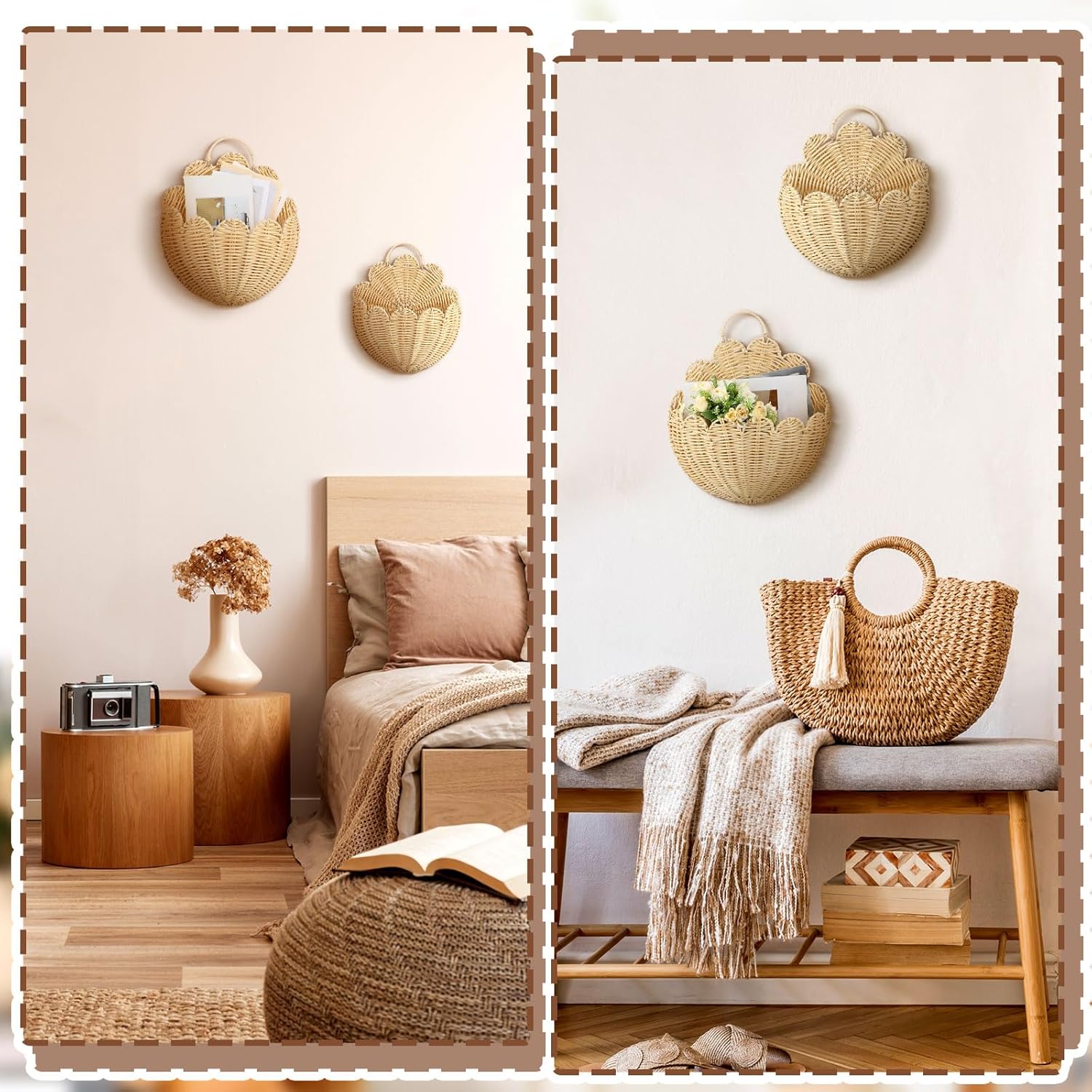 Domensi 4 Pcs Scalloped Wall Baskets Hanging Baskets 4 Different Sizes Large and Small Hand Woven Plastic Rattan Craft Original Storage Holder Scalloped Decor for Nursery Home House Bathroom