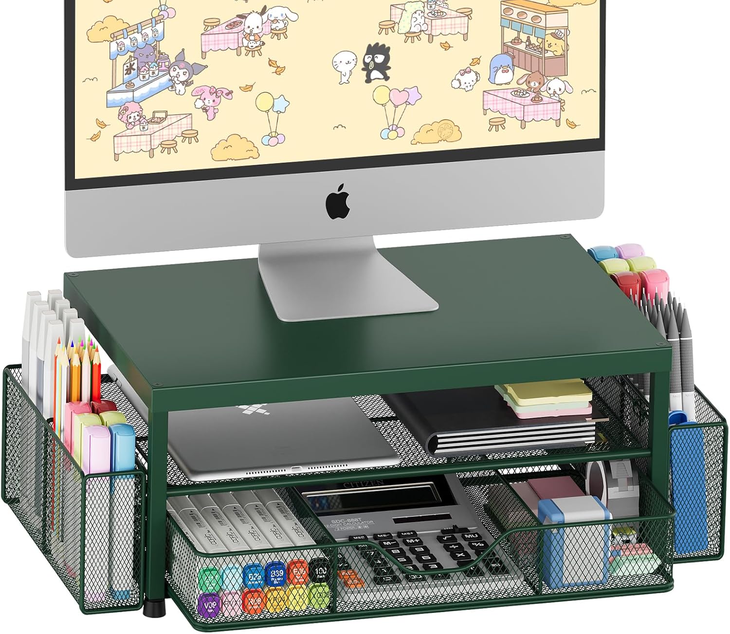 OPNICE Desk Organizer and Accessories, 2-Tier Computer Monitor Stand Riser with Drawer and 2 Pen Holders, Laptop Stand, Office Desk Accessories for Office Supplies, Black 2-Pack