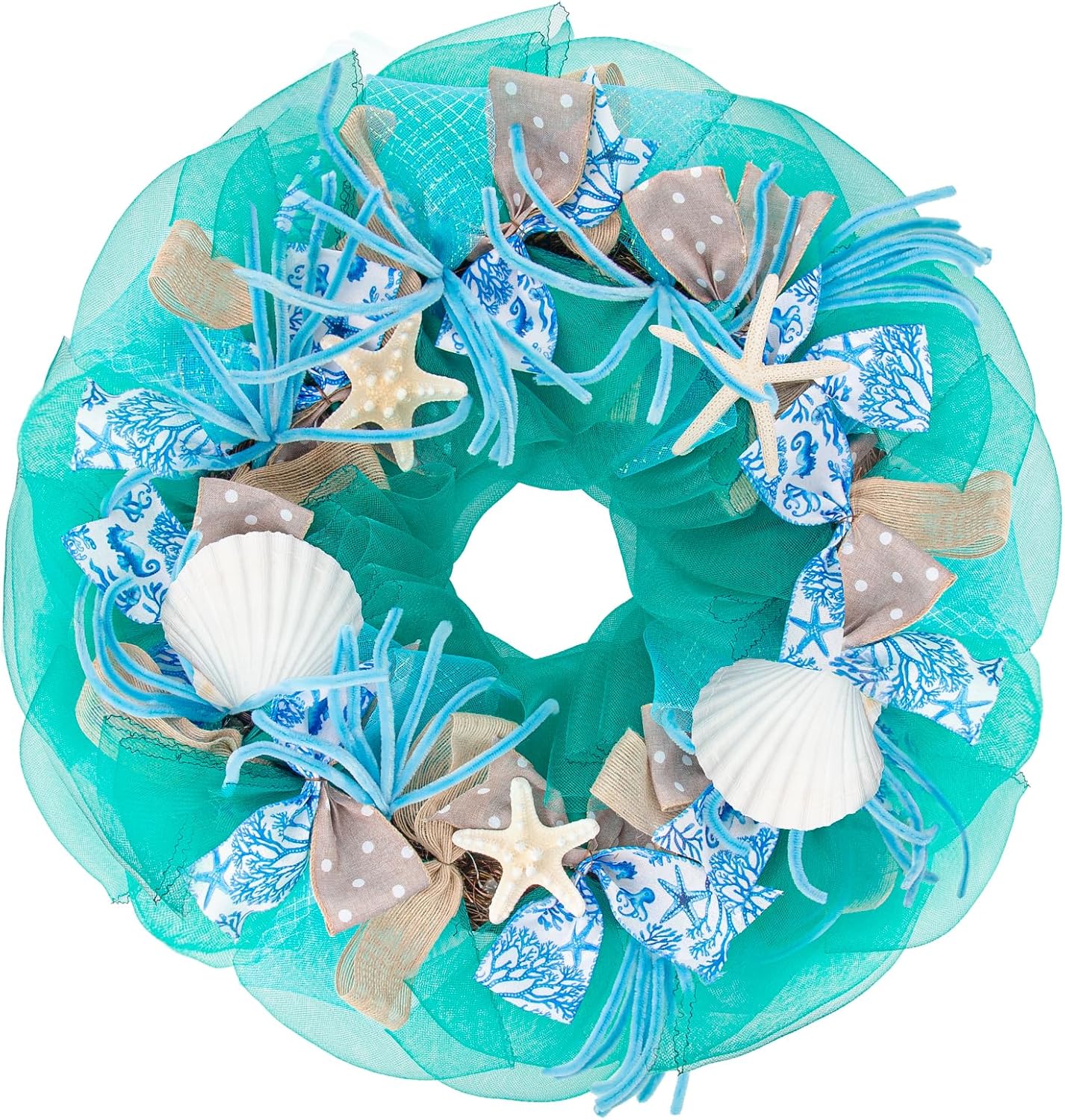 24 Inch Coastal Seashell Large Wreath with Natural Starfish & Scallops Shell, Blue Beach Style Front Door Wreath with for Spring Summer, Farmhouse Rustic Indoor Outdoor Home Wall Wedding Decor