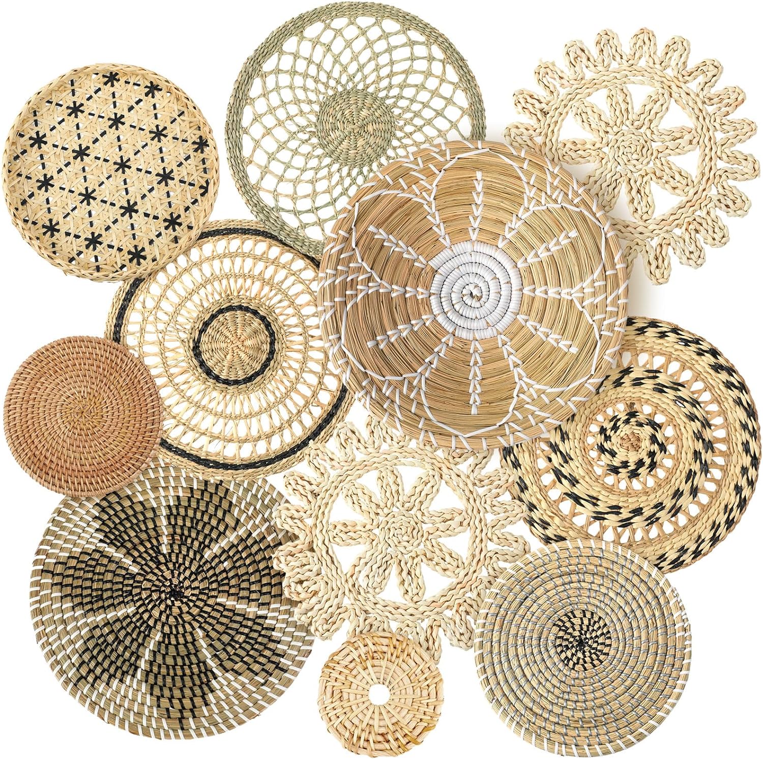 Tatuo 11 Pcs Boho Wall Basket Decor Decorative Bulrush Woven Basket Wall Decor Art Round Farmhouse Hanging Baskets for Kitchen Rustic Home Summer Decorations, Multi Sizes(Boho)