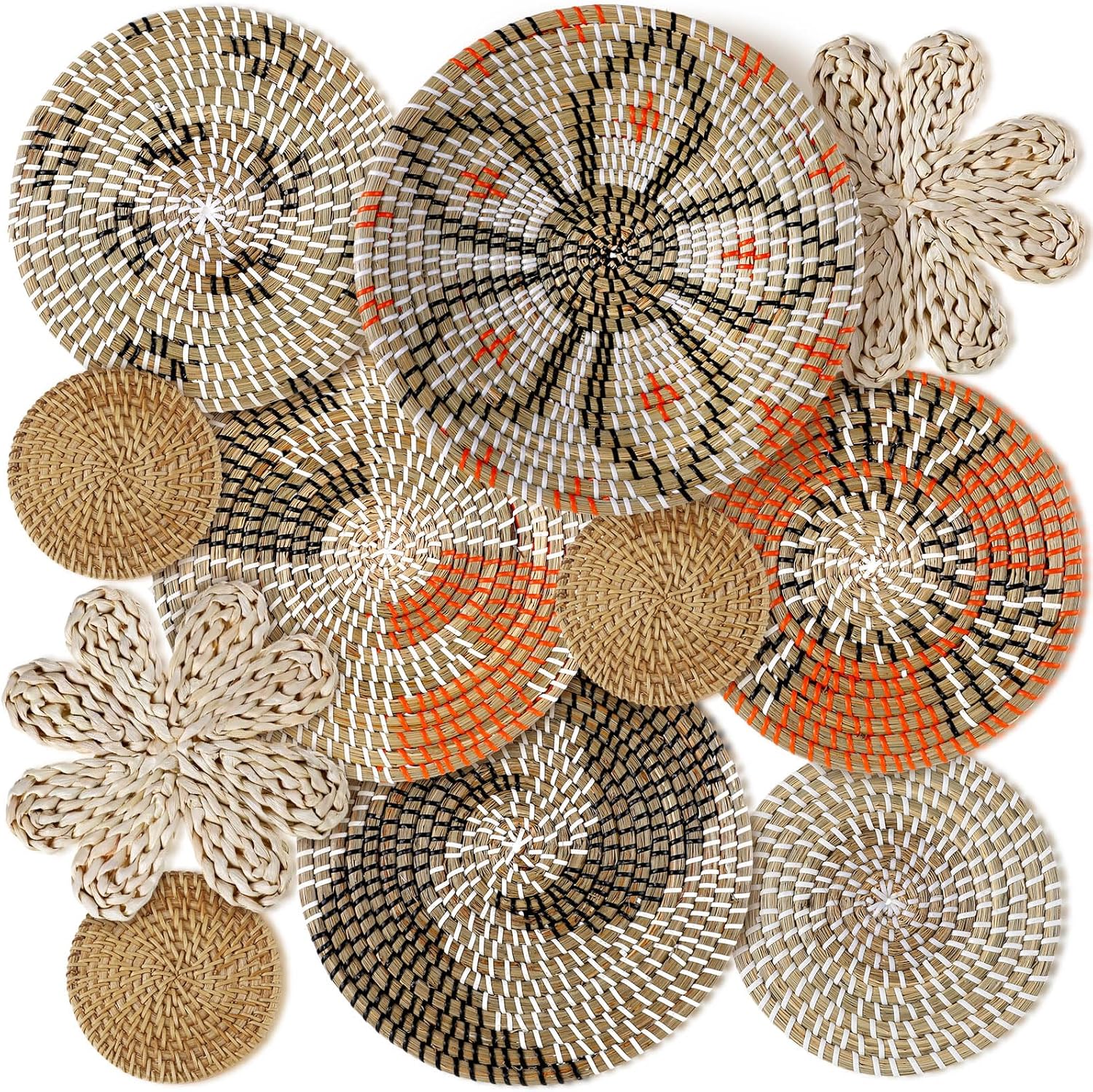 11 Pcs Boho Hanging Wall Basket Decor Handmade Woven Basket Wall Decorative Boho Wicker Baskets Placemats Round Farmhouse Bulrush Art for Rustic Home Decorations Christmas Gift(Assorted)