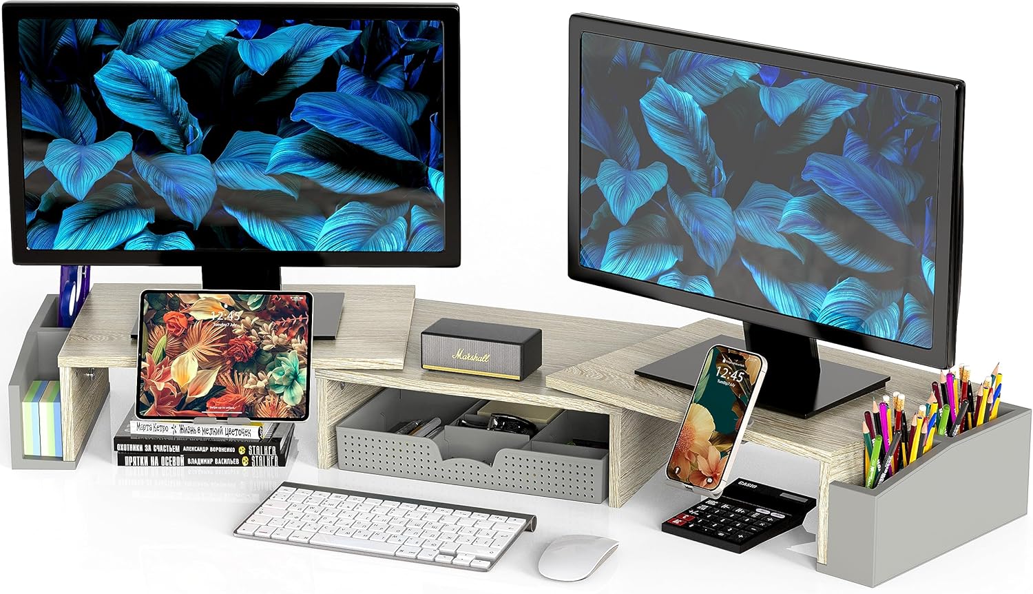 Simple Houseware Desk Dual Monitor Stand Riser with Drawer, Rustic Brown