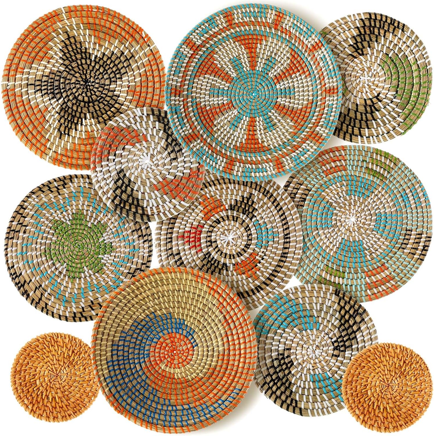 Tatuo 11 Pcs Boho Wall Basket Decor Decorative Bulrush Woven Basket Wall Decor Art Round Farmhouse Hanging Baskets for Kitchen Rustic Home Summer Decorations, Multi Sizes(Vivid)