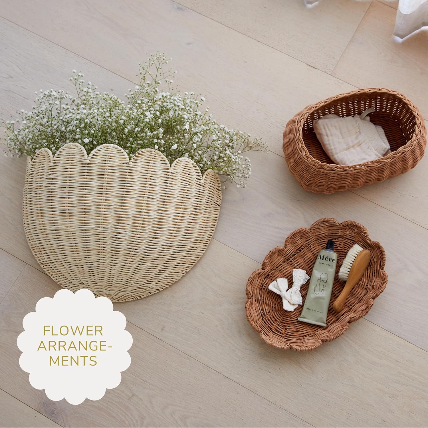 BEBE BASK Scalloped Wicker Wall Basket - The Original - Hand Woven Basket - Scalloped Décor Wall Hanging Baskets -16" x 10" x 7"In - Hanging Wall Basket (Natural)