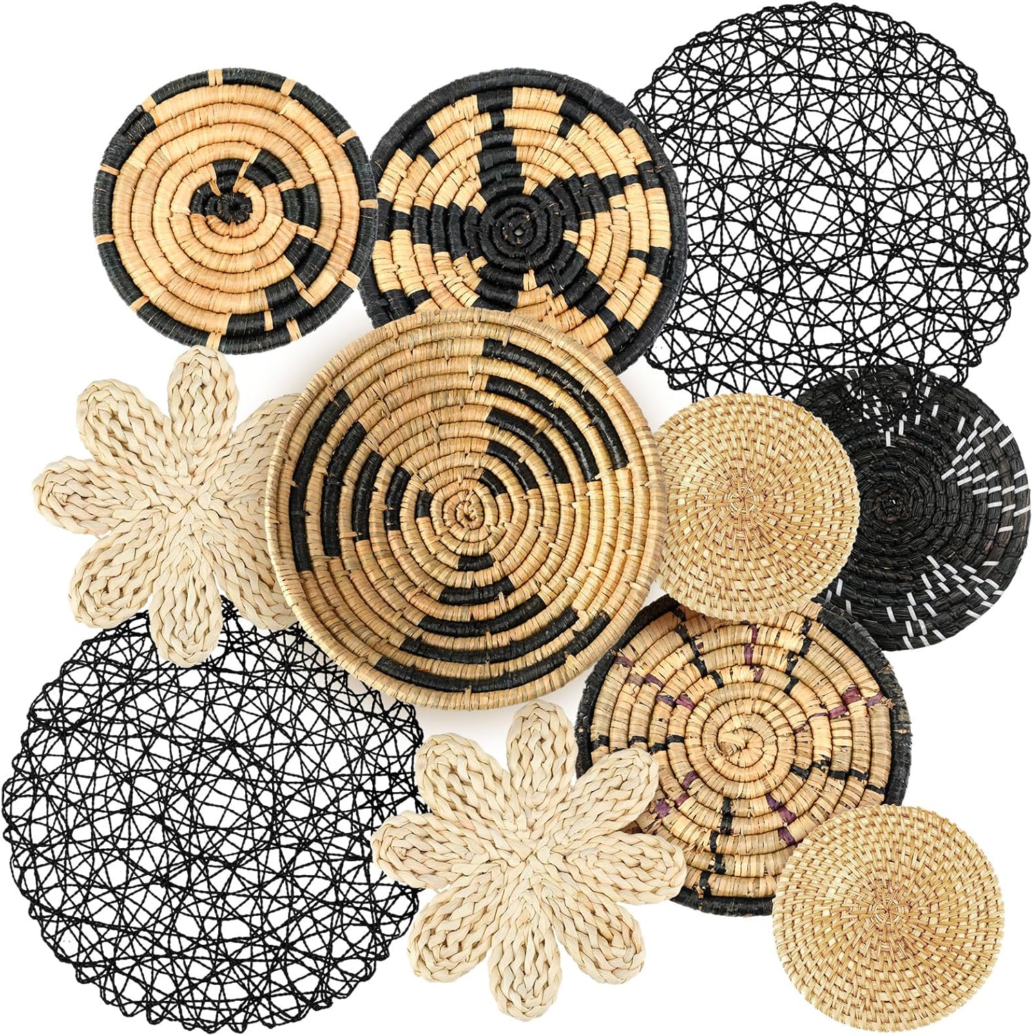 Tatuo 11 Pcs Boho Wall Basket Decor Decorative Bulrush Woven Basket Wall Decor Art Round Farmhouse Hanging Baskets for Kitchen Rustic Home Summer Decorations, Multi Sizes(Vivid)