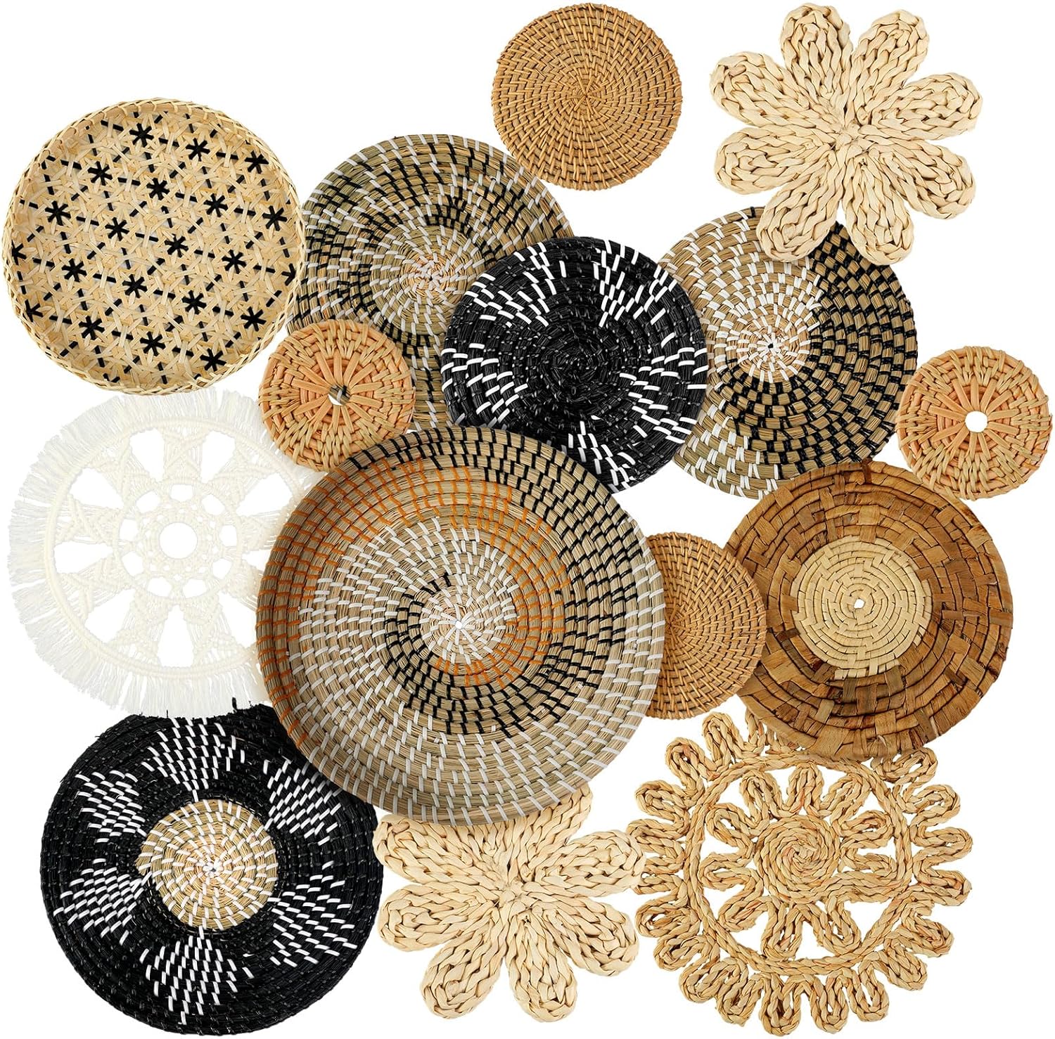 Xuhal 15 Pcs Boho Wall Basket Decor Handcrafted Seagrass Woven Wall Basket Rustic Round Woven Hanging Art for Home Farmhouse Kitchen Table Living Room(Blue Classic Style)