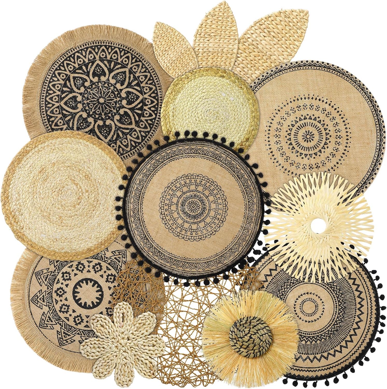 Xuhal 15 Pcs Boho Wall Basket Decor Handcrafted Seagrass Woven Wall Basket Rustic Round Woven Hanging Art for Home Farmhouse Kitchen Table Living Room(Blue Classic Style)