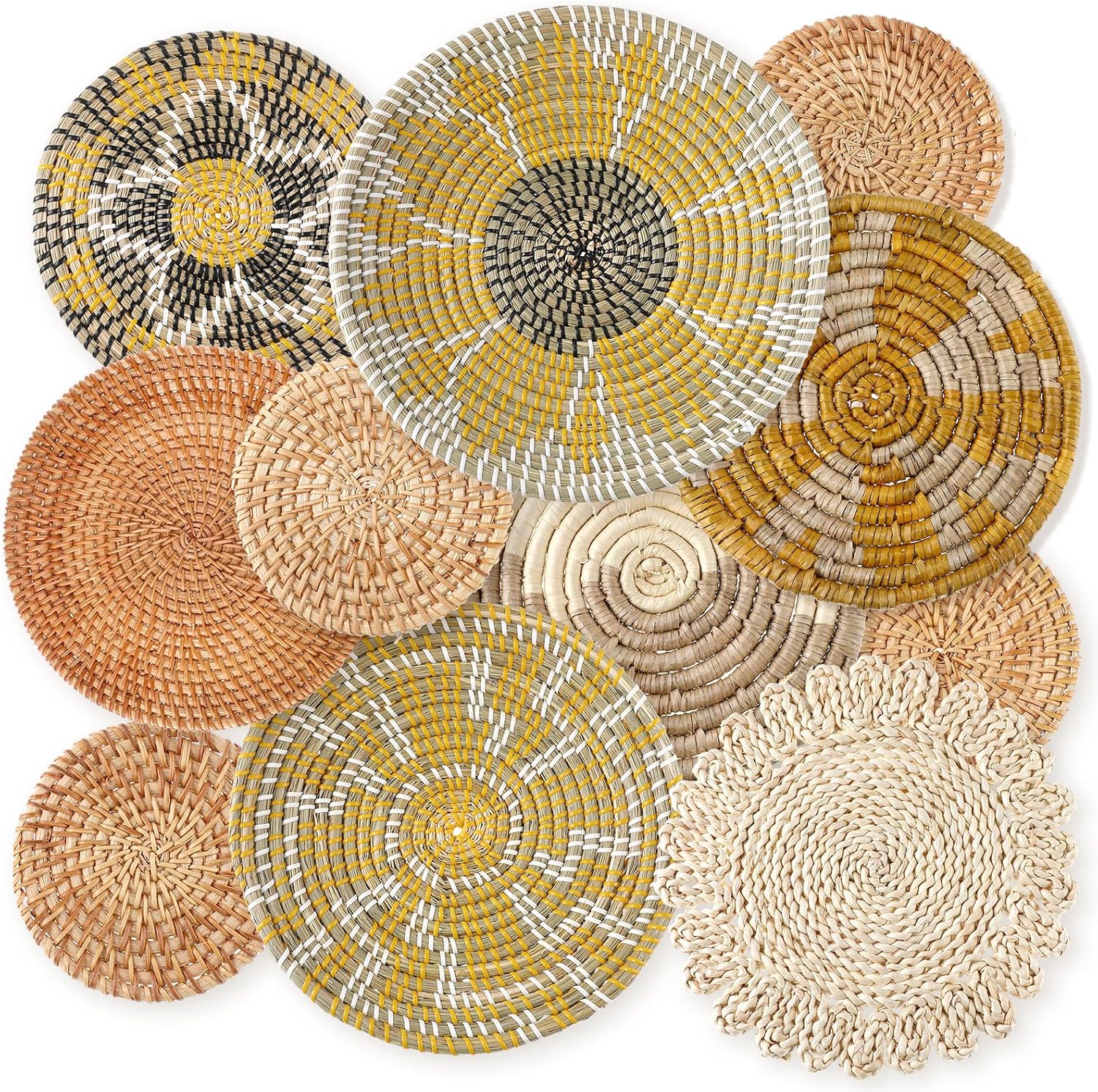 Tatuo 11 Pcs Boho Wall Basket Decor Decorative Bulrush Woven Basket Wall Decor Art Round Farmhouse Hanging Baskets for Kitchen Rustic Home Summer Decorations, Multi Sizes(Farmhouse)