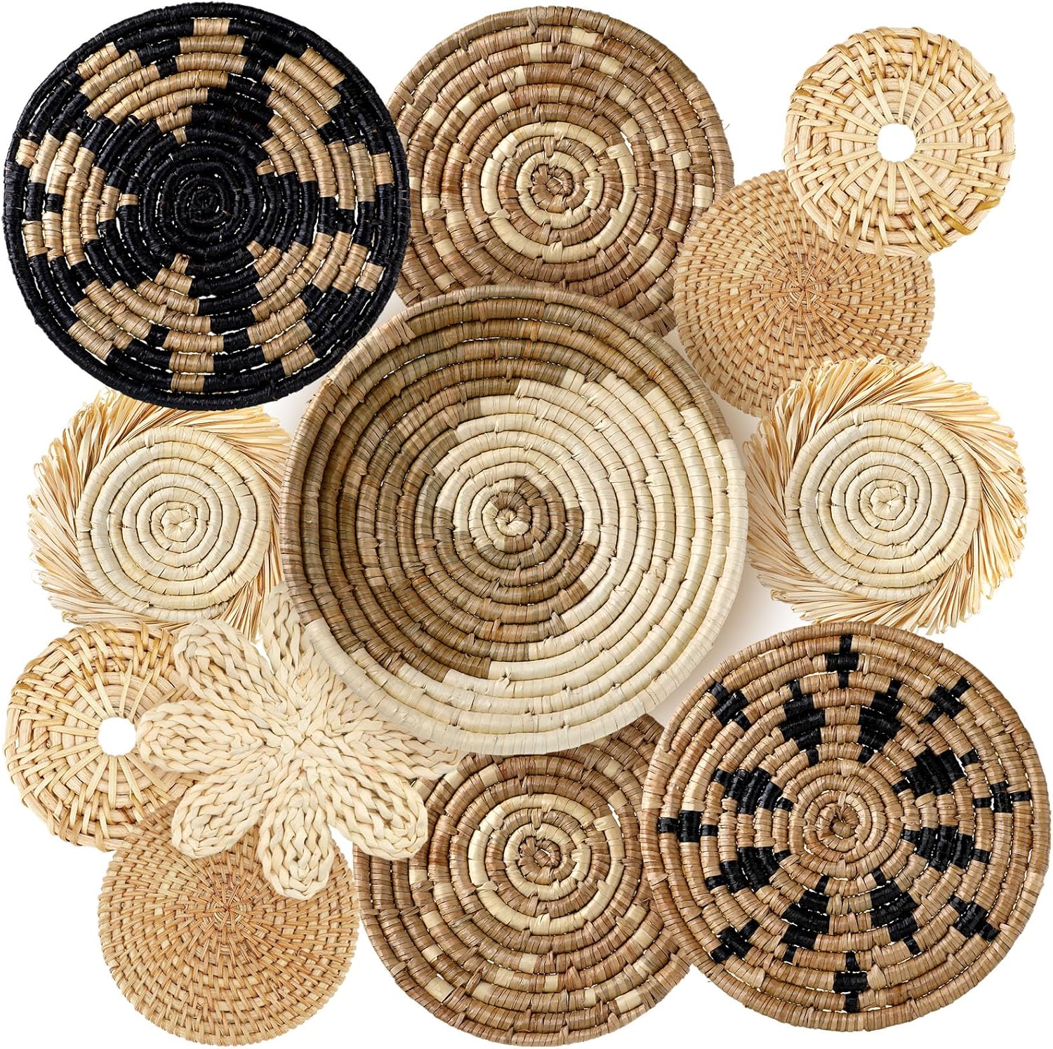 11 Pcs Boho Hanging Wall Basket Decor Handmade Woven Basket Wall Decorative Boho Wicker Baskets Placemats Round Farmhouse Bulrush Art for Rustic Home Decorations Christmas Gift(Assorted)