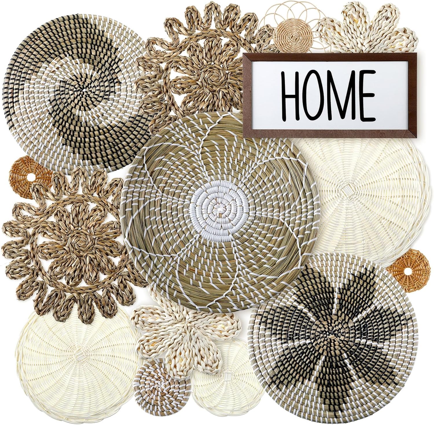 Xuhal 15 Pcs Boho Wall Basket Decor Handcrafted Seagrass Woven Wall Basket Rustic Round Woven Hanging Art for Home Farmhouse Kitchen Table Living Room(Blue Classic Style)