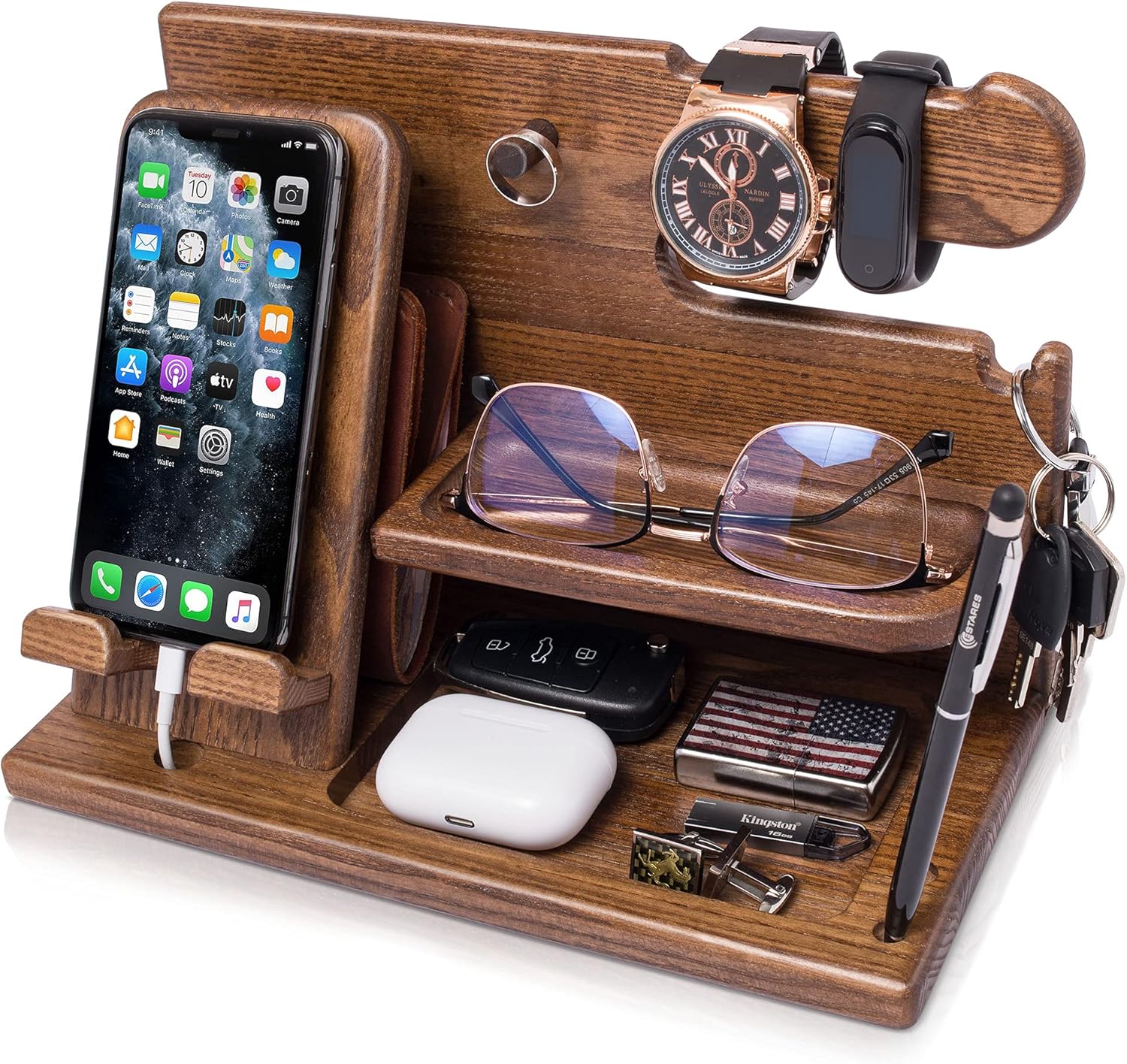 TESLYAR Wood Phone Docking Station for Men - Desk or Nightstand Organizer - Birthday Gifts for Husband, Dad - Anniversary Idea from Wife - Key Holder, Stand Wallet, Watch & Essentials (Bourbon Brown)