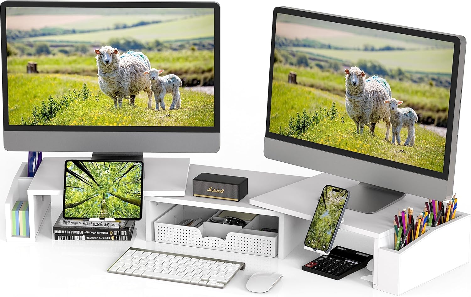 Simple Houseware Desk Dual Monitor Stand Riser with Drawer, Rustic Brown