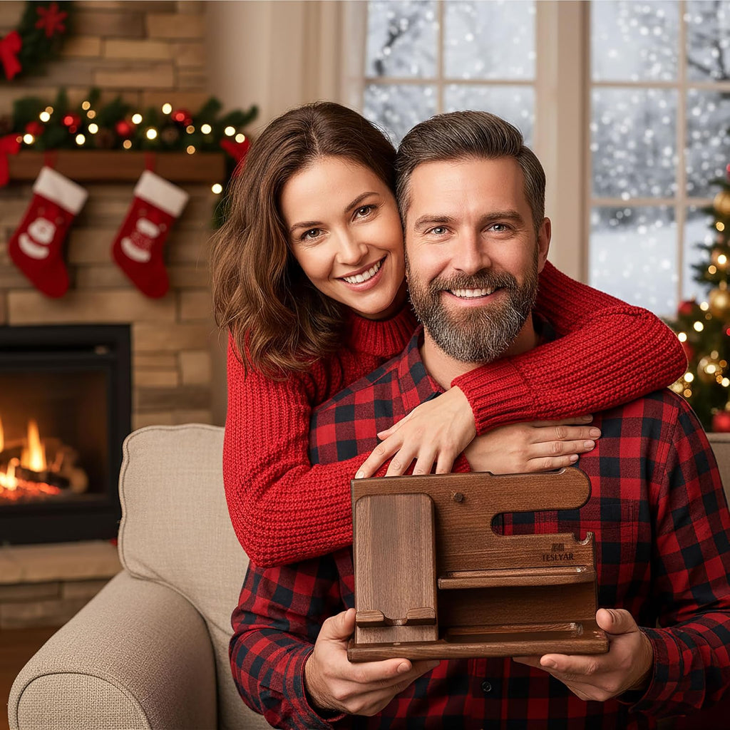 TESLYAR Wood Phone Docking Station for Men - Desk or Nightstand Organizer - Birthday Gifts for Husband, Dad - Anniversary Idea from Wife - Key Holder, Stand Wallet, Watch & Essentials (Bourbon Brown)