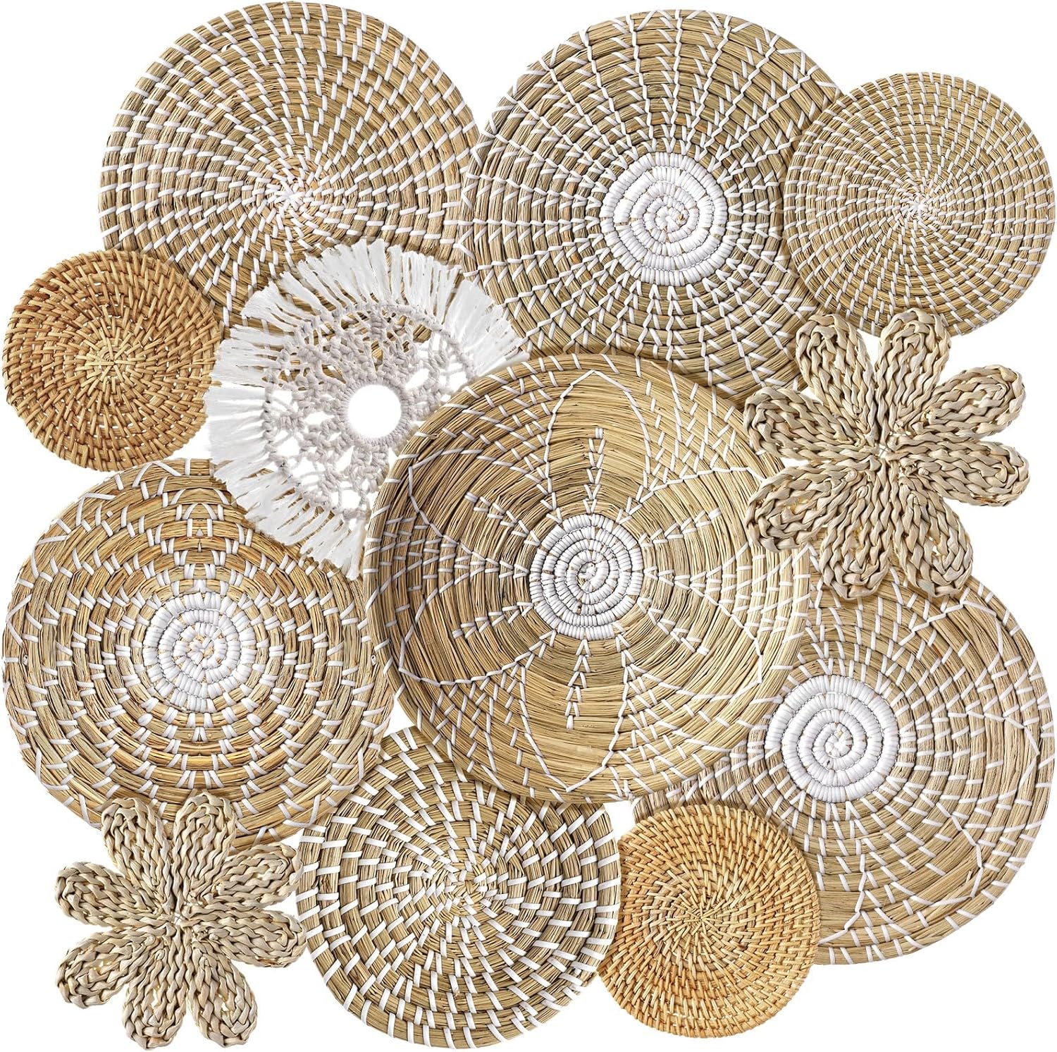 11 Pcs Boho Hanging Wall Basket Decor Handmade Woven Basket Wall Decorative Boho Wicker Baskets Placemats Round Farmhouse Bulrush Art for Rustic Home Decorations Christmas Gift(Assorted)