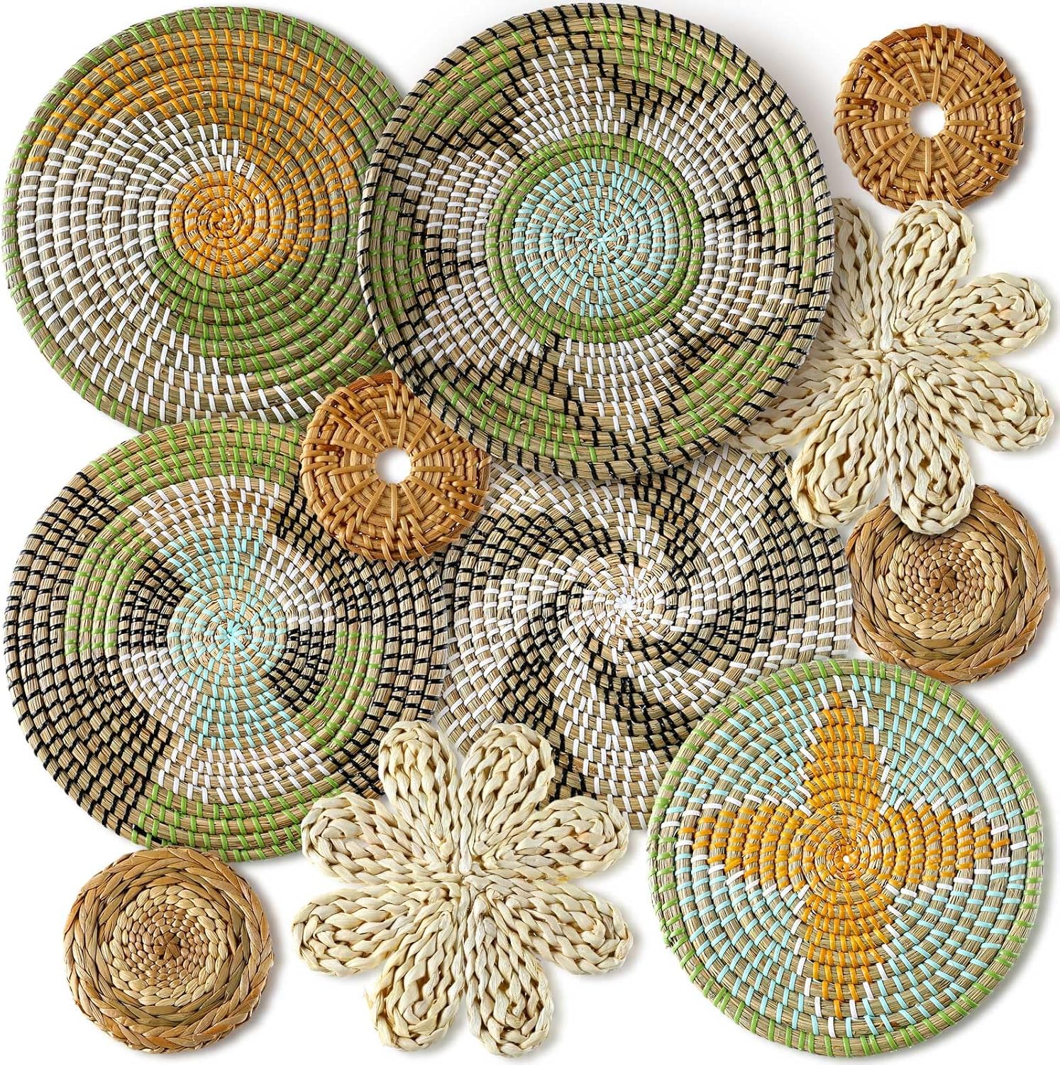 Tatuo 11 Pcs Boho Wall Basket Decor Decorative Bulrush Woven Basket Wall Decor Art Round Farmhouse Hanging Baskets for Kitchen Rustic Home Summer Decorations, Multi Sizes(Boho)