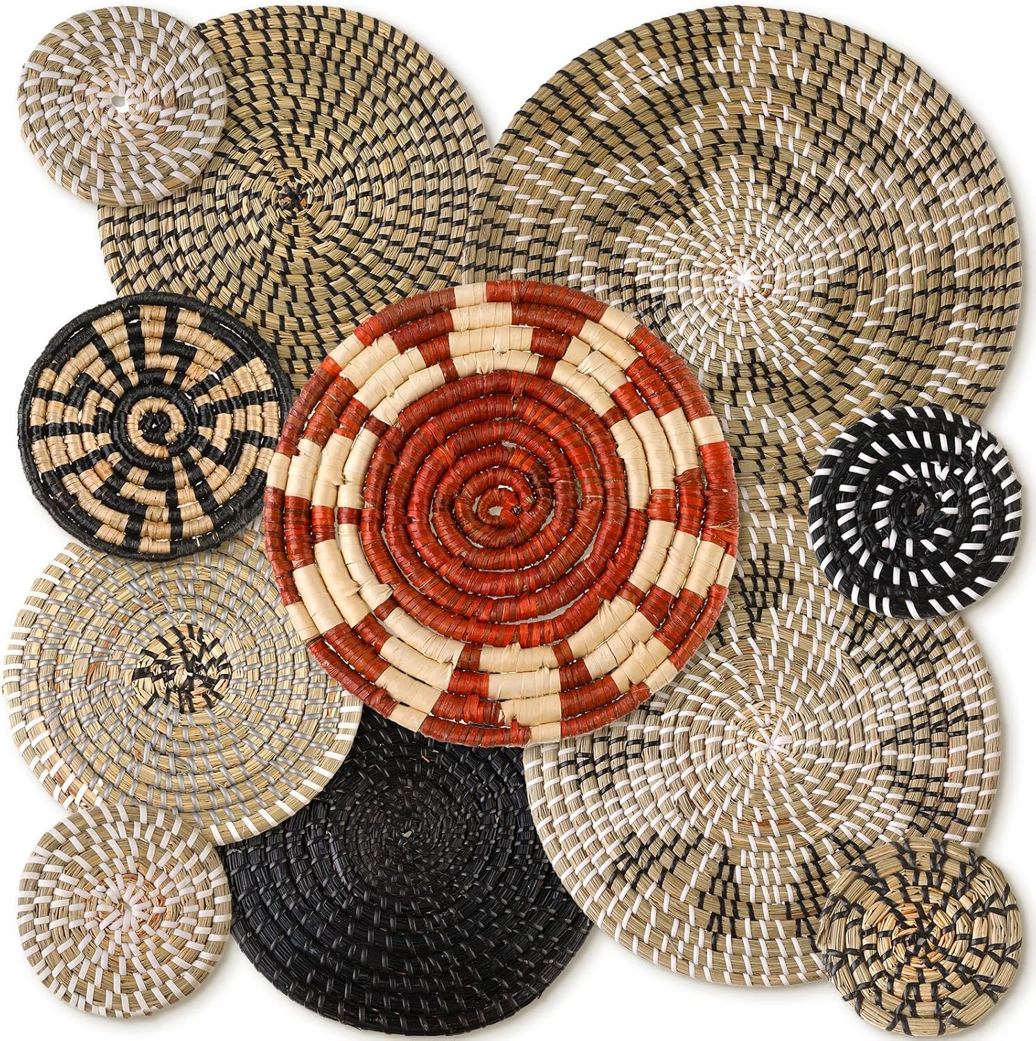 Tatuo 11 Pcs Boho Wall Basket Decor Decorative Bulrush Woven Basket Wall Decor Art Round Farmhouse Hanging Baskets for Kitchen Rustic Home Summer Decorations, Multi Sizes(Vivid)