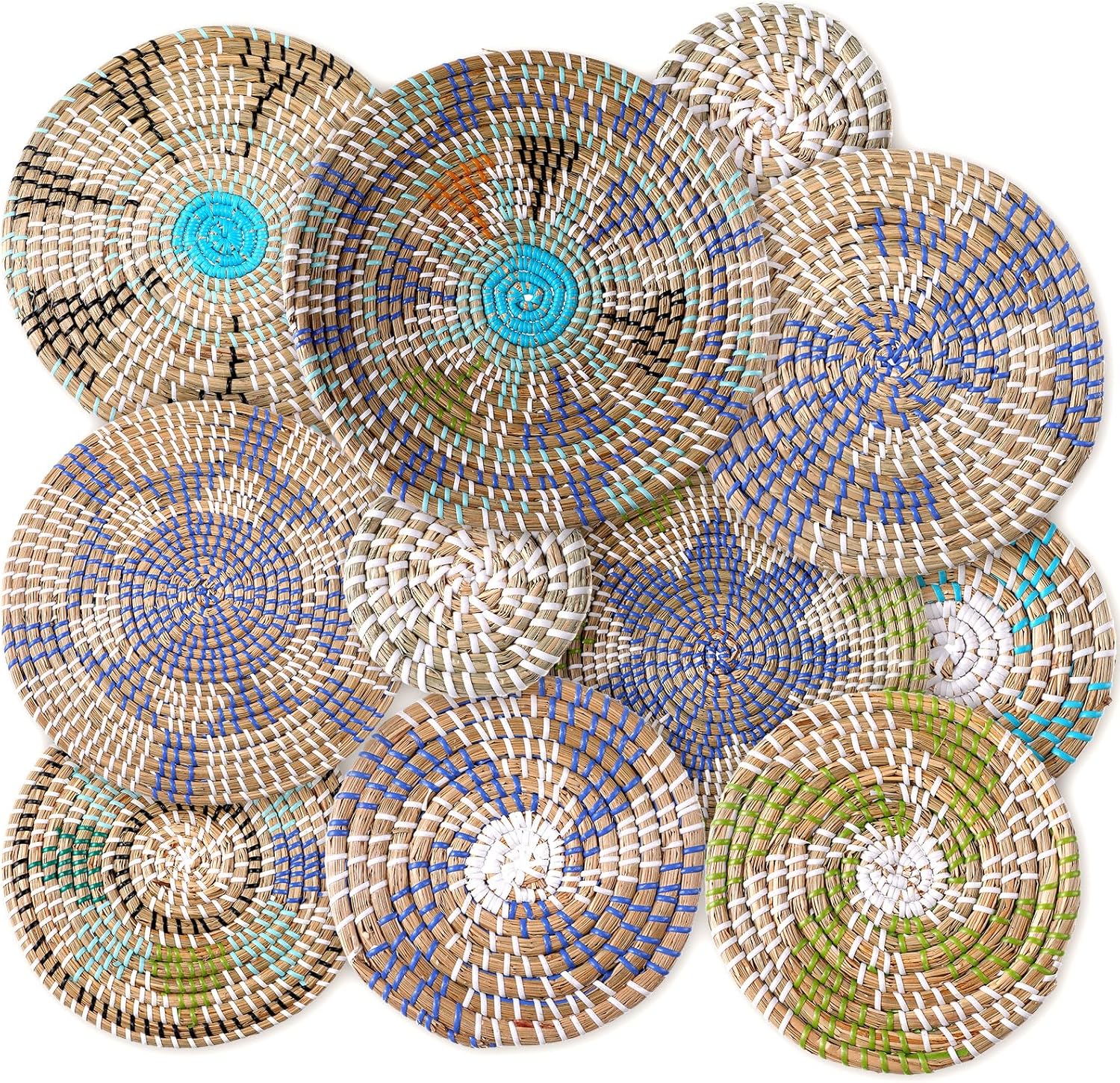 Tatuo 11 Pcs Boho Wall Basket Decor Decorative Bulrush Woven Basket Wall Decor Art Round Farmhouse Hanging Baskets for Kitchen Rustic Home Summer Decorations, Multi Sizes(Vivid)