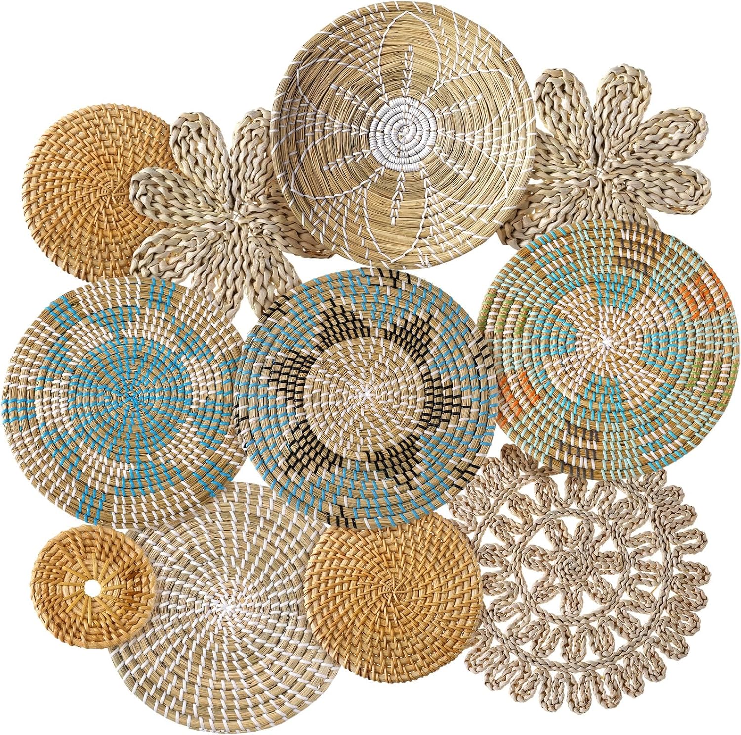 11 Pcs Boho Hanging Wall Basket Decor Handmade Woven Basket Wall Decorative Boho Wicker Baskets Placemats Round Farmhouse Bulrush Art for Rustic Home Decorations Christmas Gift(Assorted)