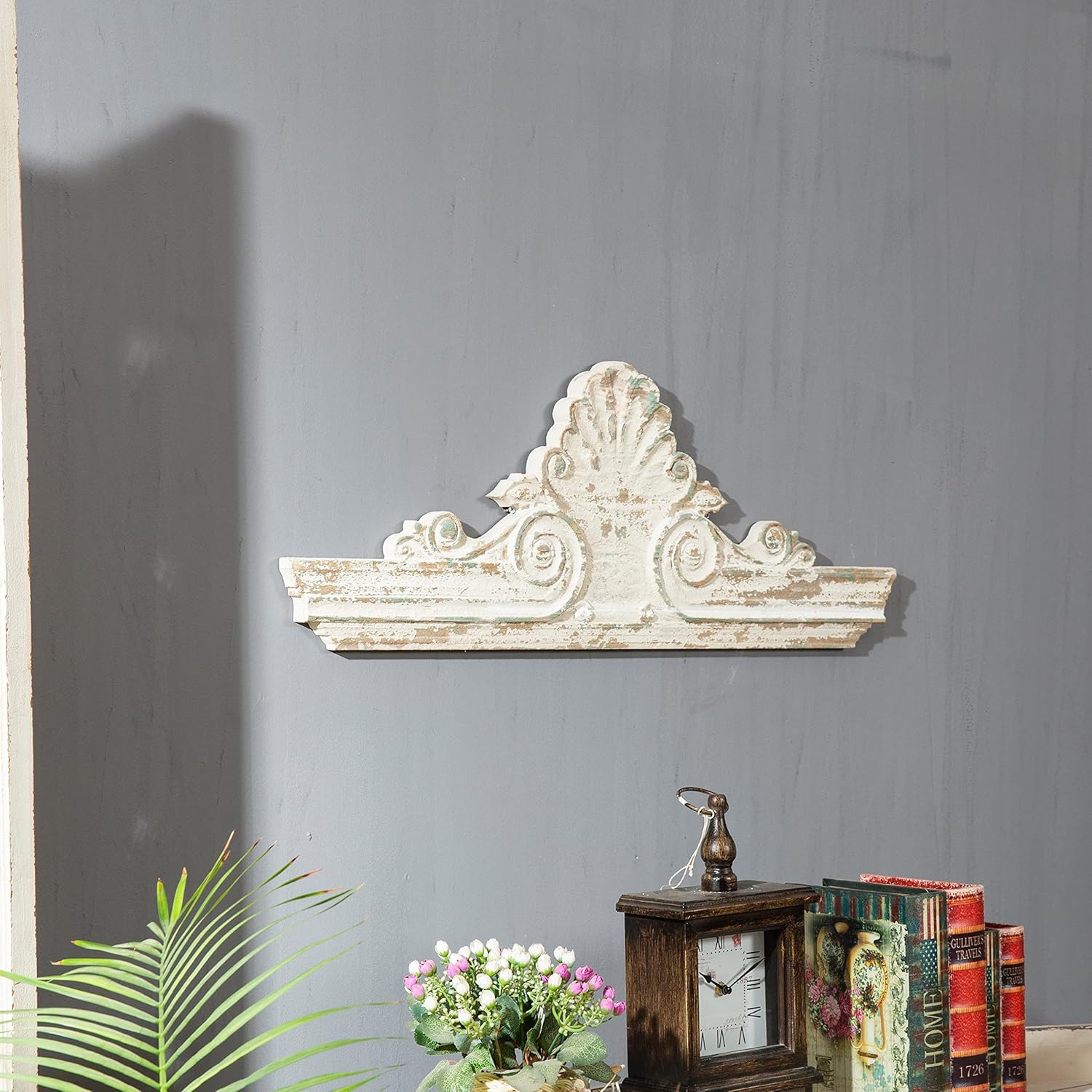 SOFE 33" Distressed White Finish Wooden Scroll Over The Door Decor, Large Decorative Wall Sculpture, Carved Wood Wall Art Hanging Window, Unique Wall Decor for Farmhouse Living Room Kitchen