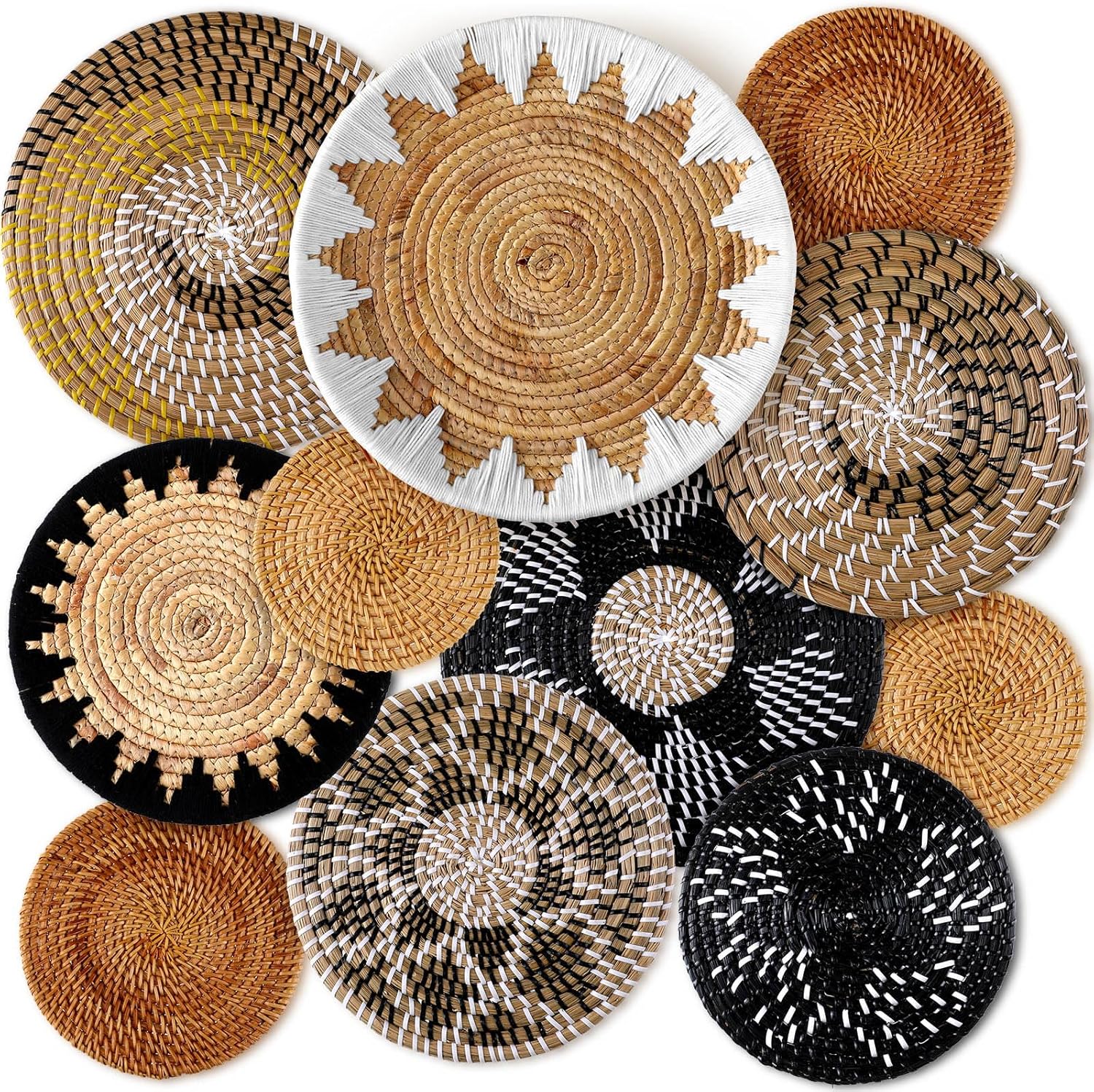 11 Pcs Boho Hanging Wall Basket Decor Handmade Woven Basket Wall Decorative Boho Wicker Baskets Placemats Round Farmhouse Bulrush Art for Rustic Home Decorations Christmas Gift(Assorted)